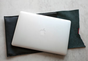 Soluna Studio Leather Laptop Sleeve shown with 13" MacBook Pro Laptop